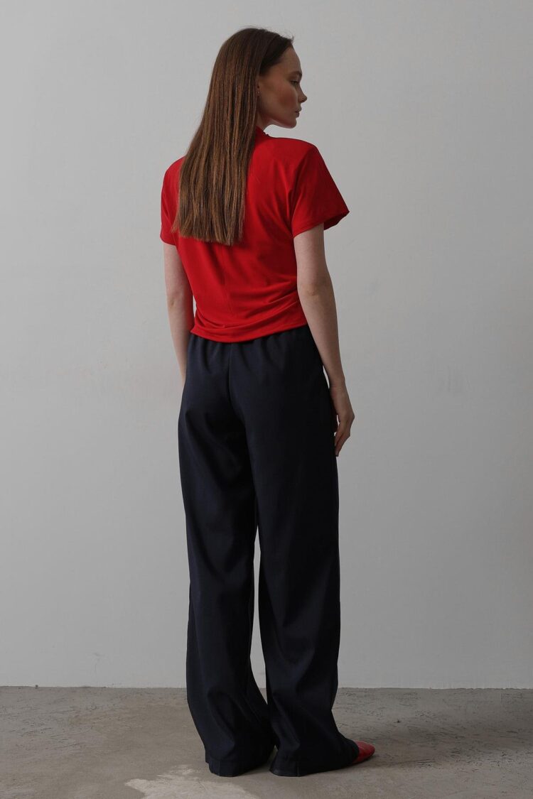Wide Leg Pants With Elastic Waist - Navy