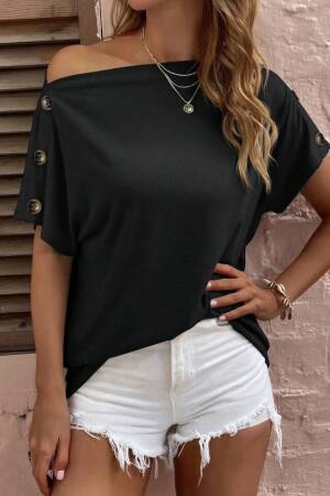Women's One Shoulder Open Button Detailed Shaggy Viscose Blouse - Black - Janes - Globality Store - Women Clothes Wholesale Turkey