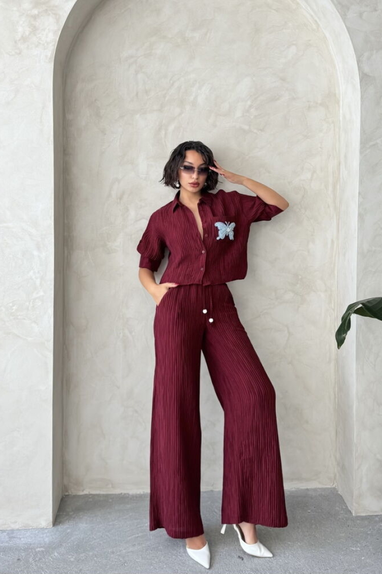 Butterfly Detailed Pleated Shirt - Burgundy