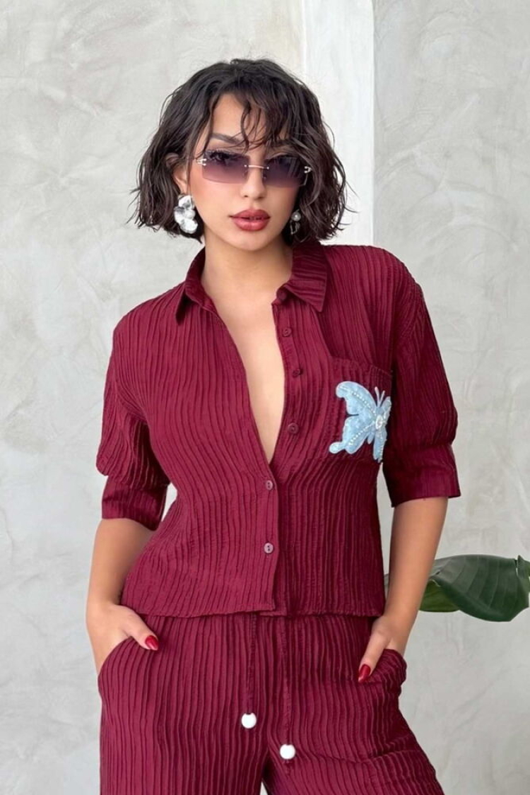 Butterfly Detailed Pleated Shirt - Burgundy - Brand: Topshow - Women's Clothing Wholesale - Globality Store