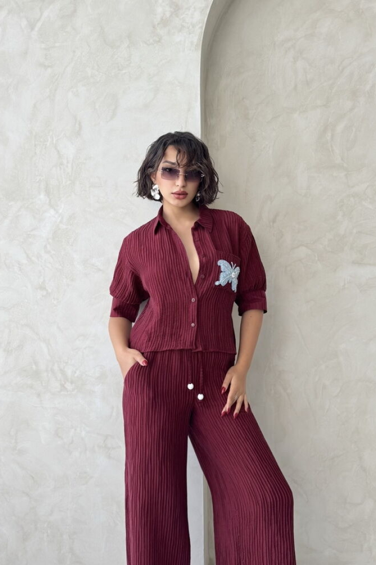 Butterfly Detailed Pleated Shirt - Burgundy