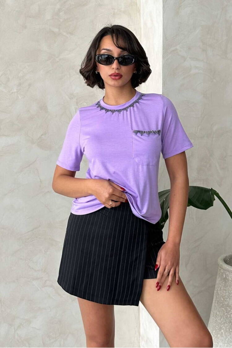 Stone Chain Detailed Wholesale T-Shirt - Topshow - Globality Store - Women Clothes Wholesale Turkey
