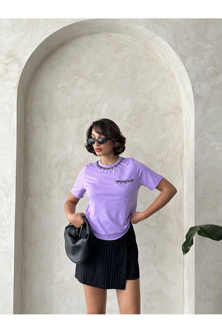 Stone Chain Detailed Wholesale T-Shirt