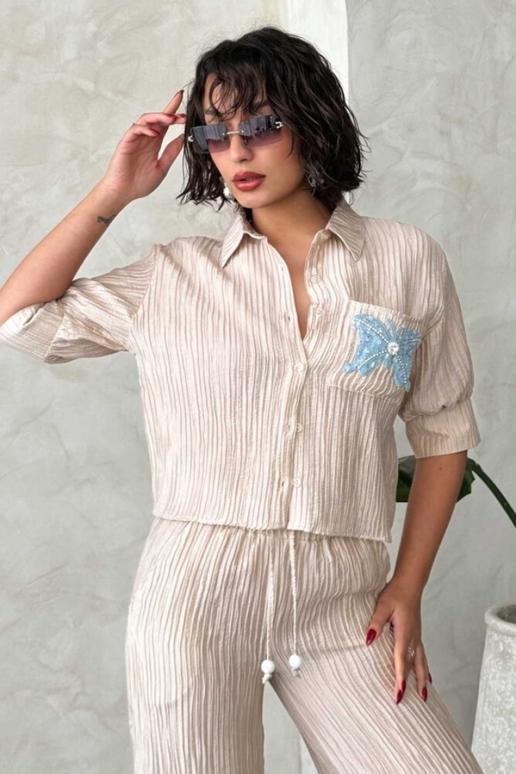 Butterfly Detailed Pleated Shirt - Topshow - Globality Store - Women Clothes Wholesale Turkey