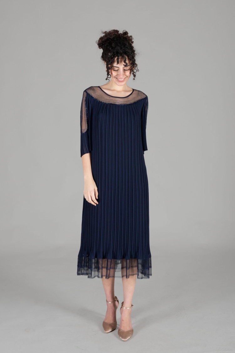 Oval Collar Stone Pleated Dress - GUMANIZE - Globality Store - Women Clothes Wholesale Turkey