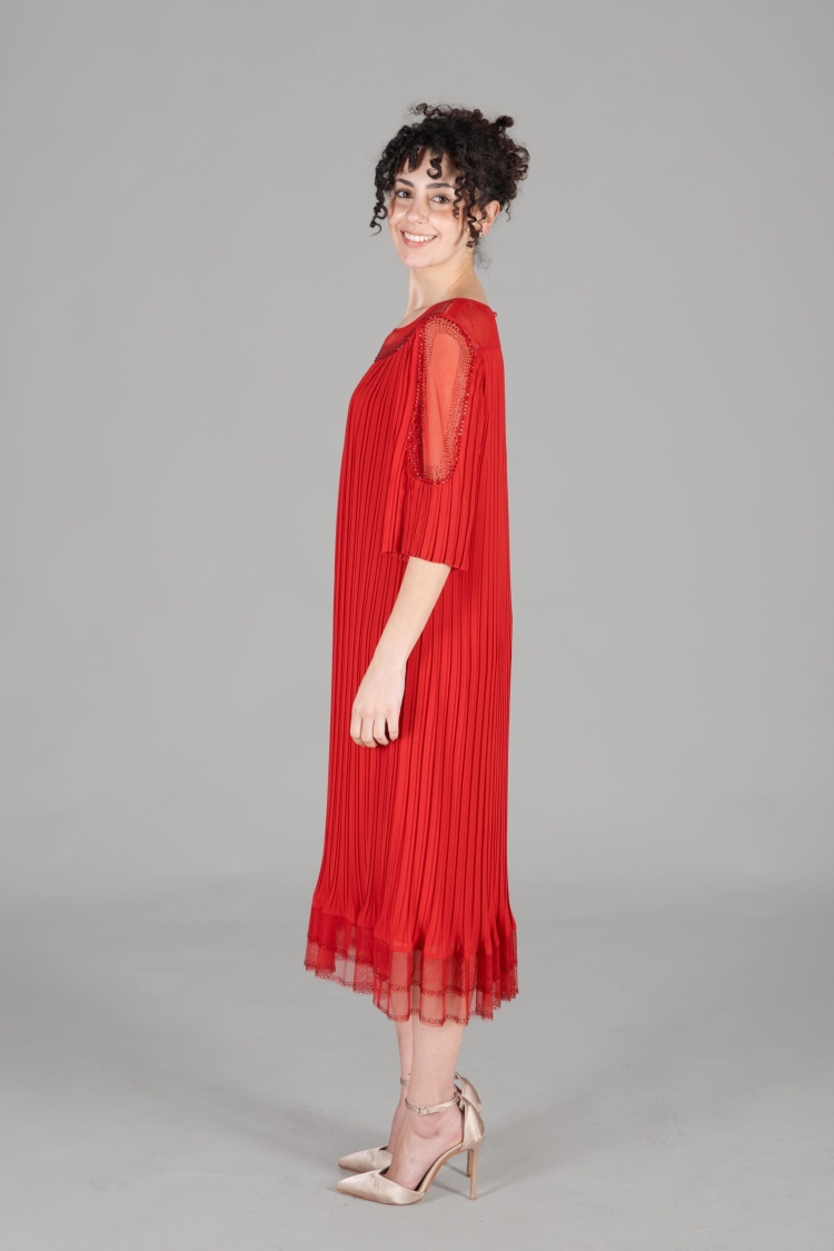 Oval Collar Stone Pleated Dress