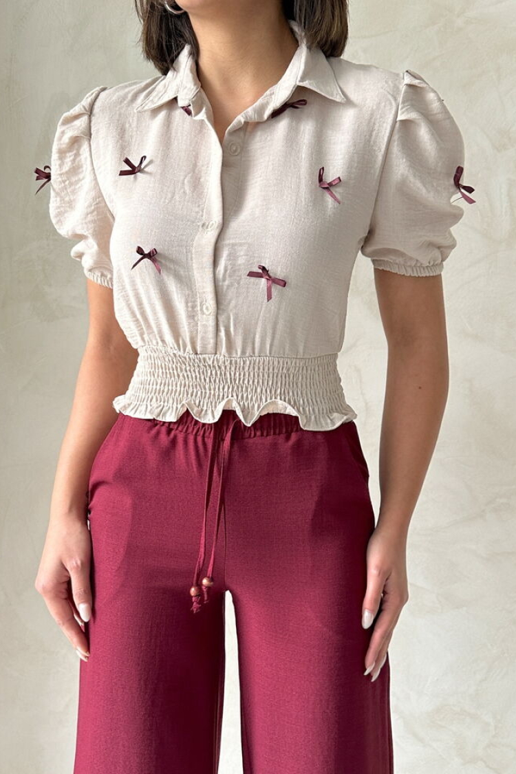 Linen Wholesale Shirt With Bow -|