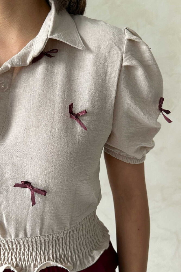 Linen Wholesale Shirt With Bow -|