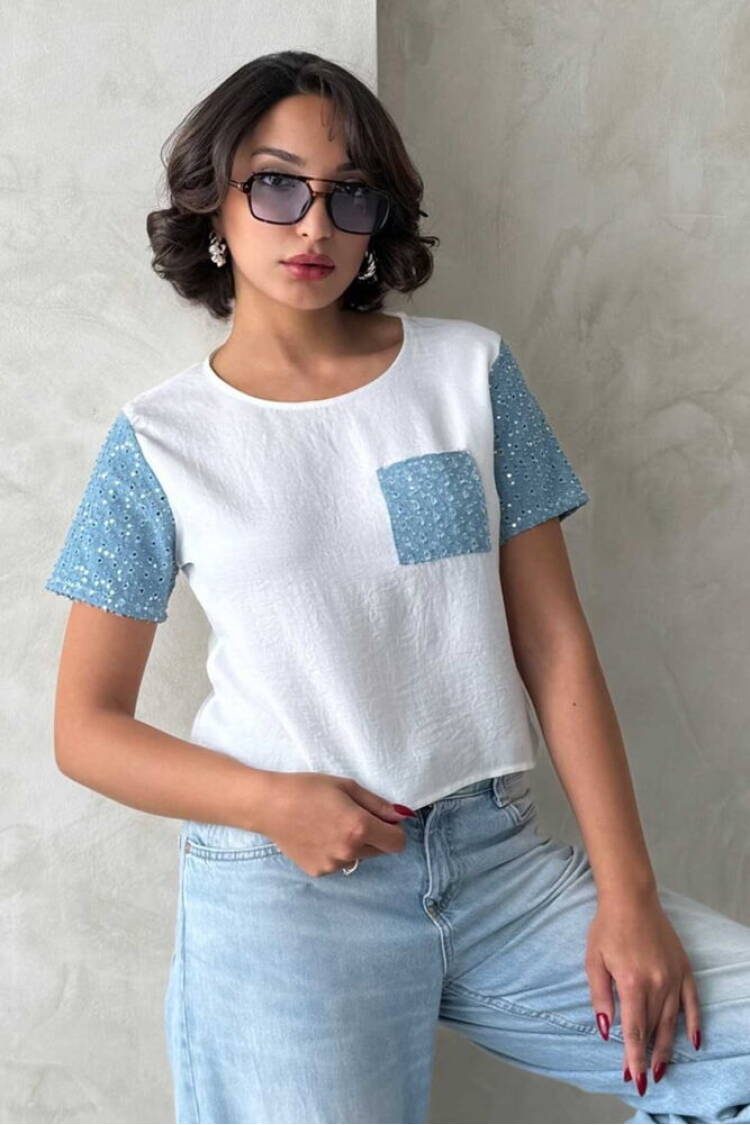 Jeans Detailed Wholesale T-Shirt - Cream