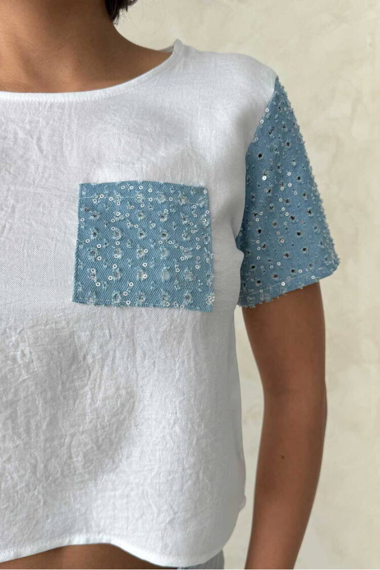 Jeans Detailed Wholesale T-Shirt - Cream|