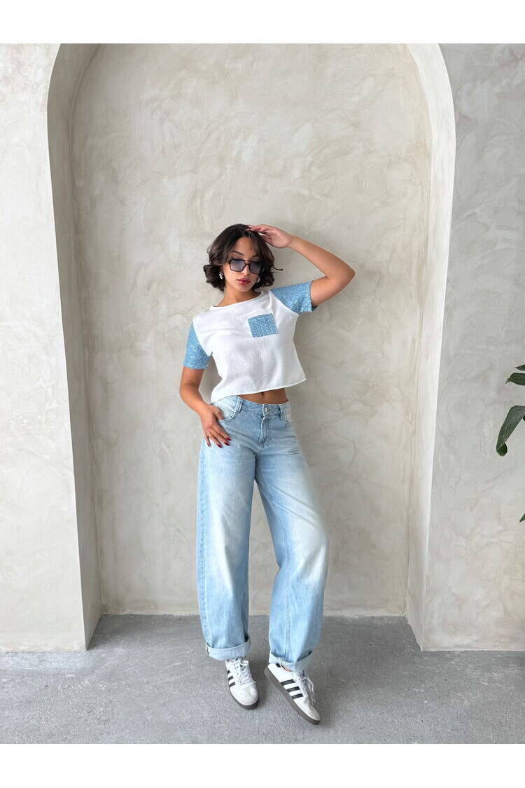 Jeans Detailed Wholesale T-Shirt - Cream|