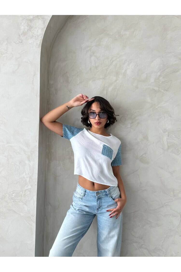 Jeans Detailed Wholesale T-Shirt - Cream|