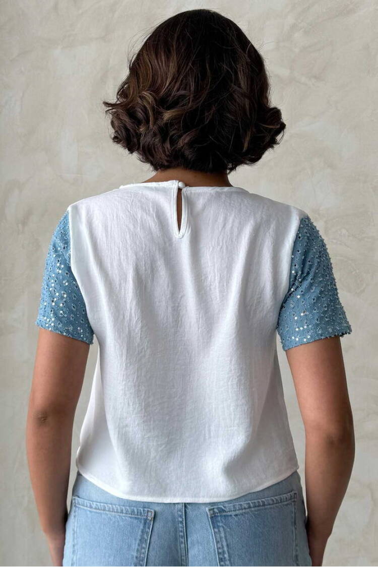 Jeans Detailed Wholesale T-Shirt - Cream|