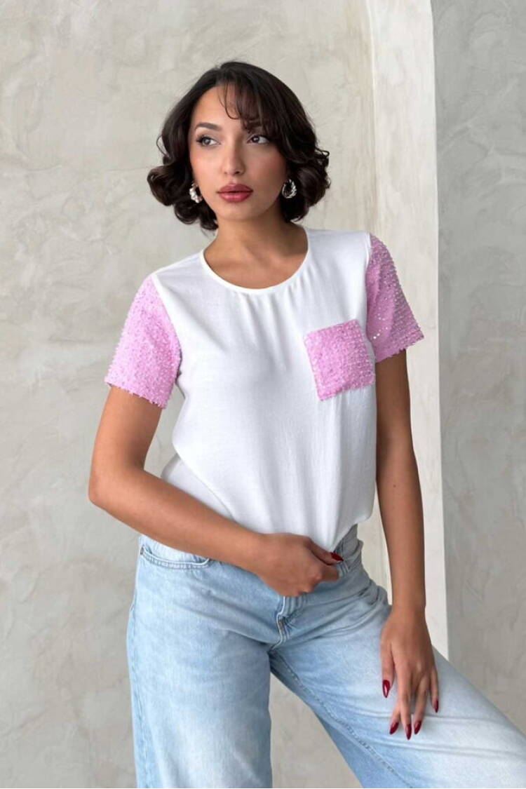 Jeans Detailed Wholesale T-Shirt - Cream