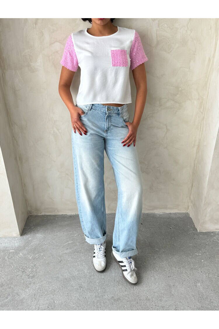 Jeans Detailed Wholesale T-Shirt - Cream|