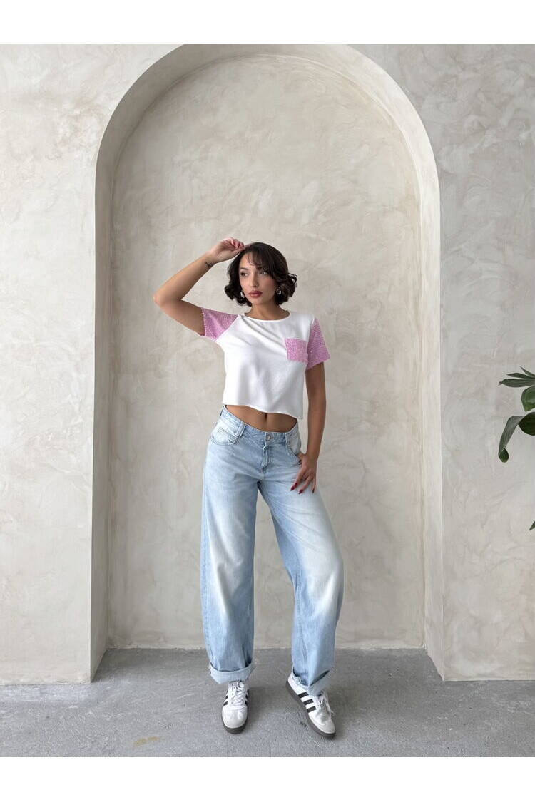 Jeans Detailed Wholesale T-Shirt - Cream|