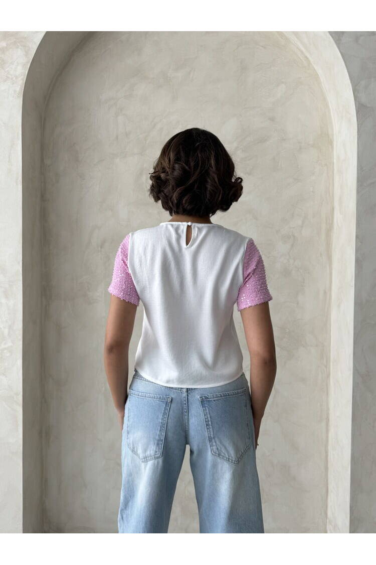 Jeans Detailed Wholesale T-Shirt - Cream|