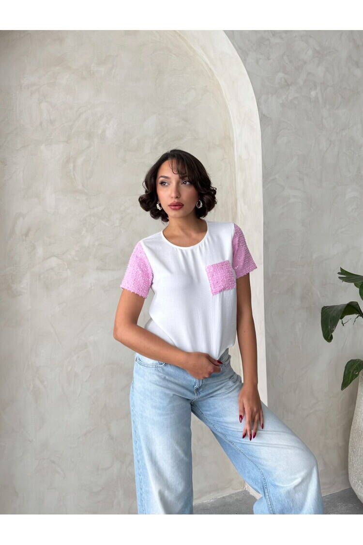 Jeans Detailed Wholesale T-Shirt - Cream|