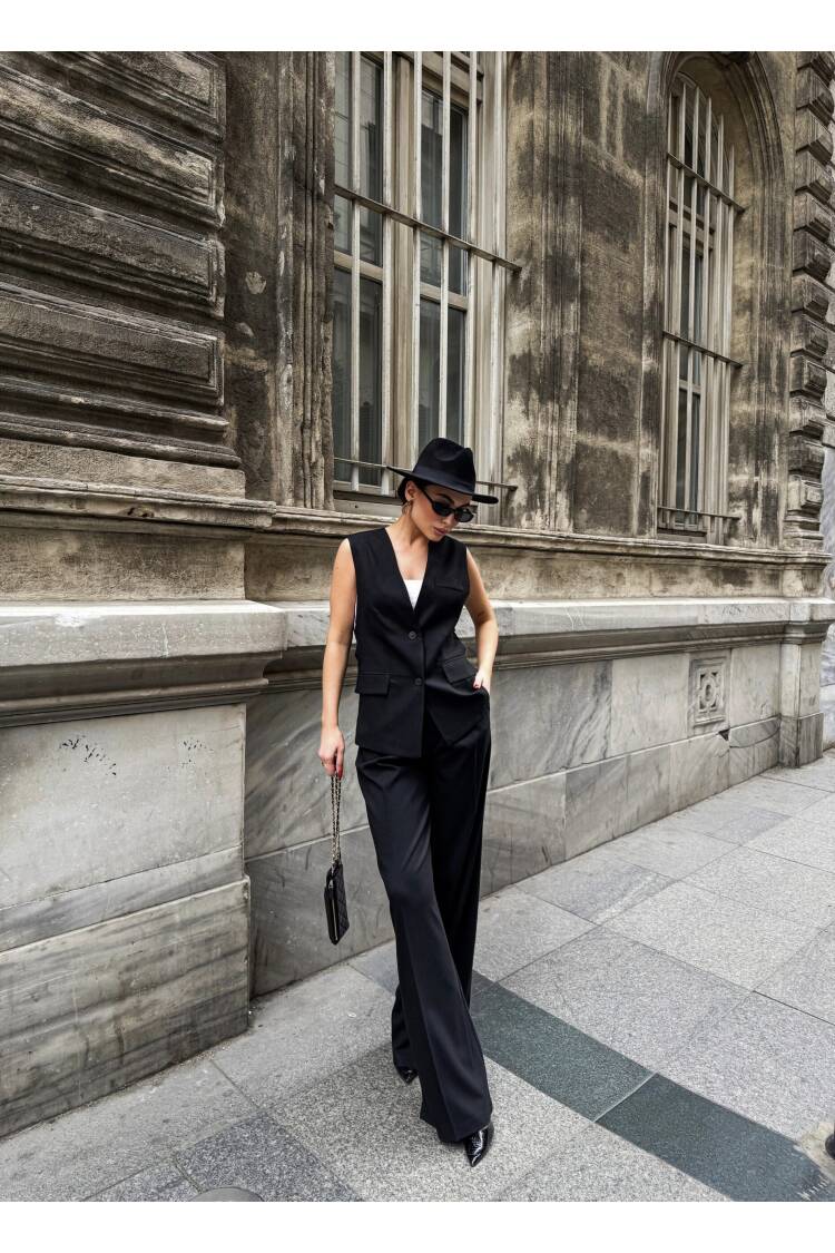 Poly Viscose Back Button And Belt Detailed Vest Pants Set - Ouz Fashion - Globality Store - Women Clothes Wholesale Turkey