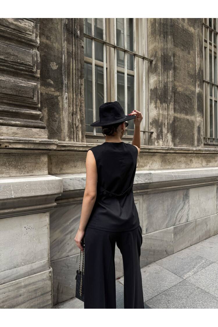 Poly Viscose Back Button And Belt Detailed Vest Pants Set
