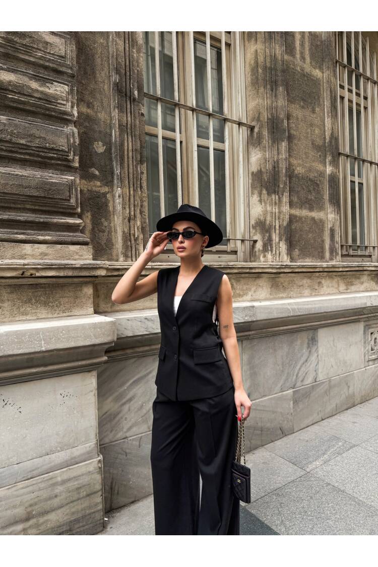 Poly Viscose Back Button And Belt Detailed Vest Pants Set