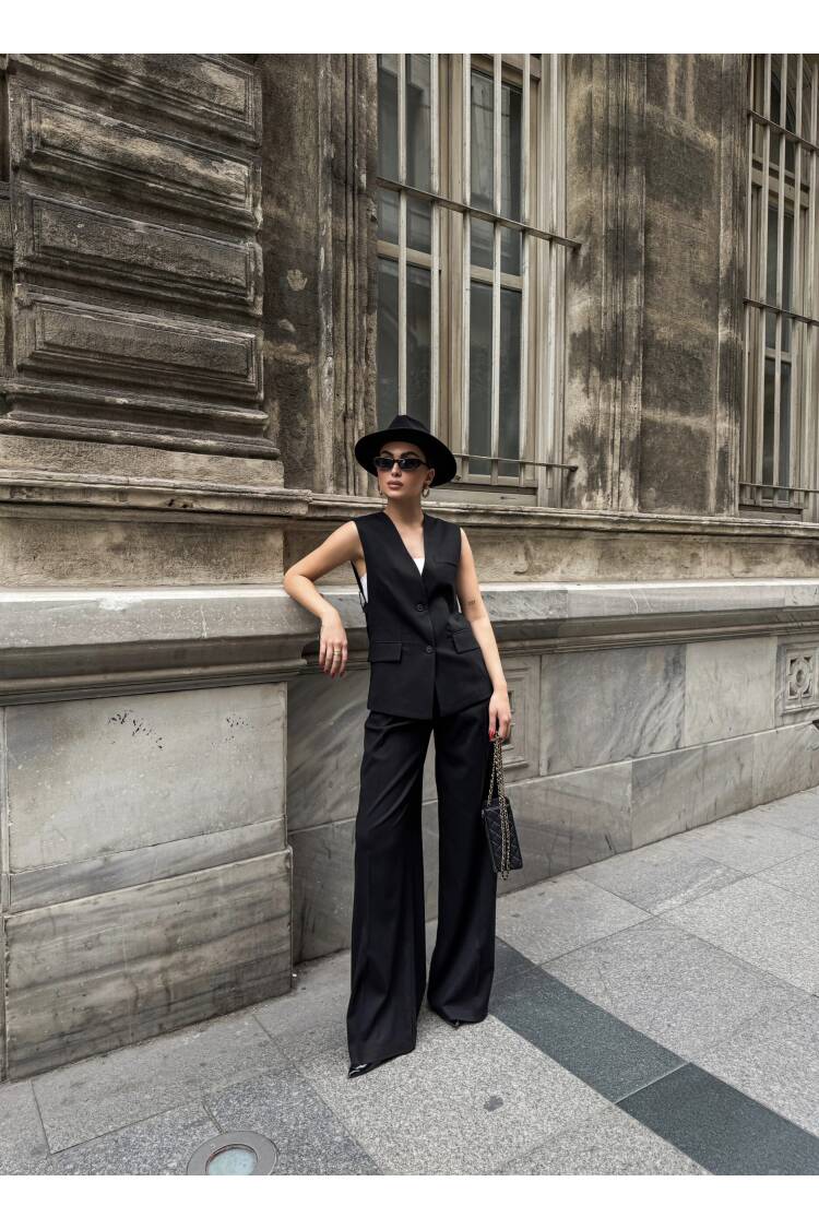 Poly Viscose Back Button And Belt Detailed Vest Pants Set
