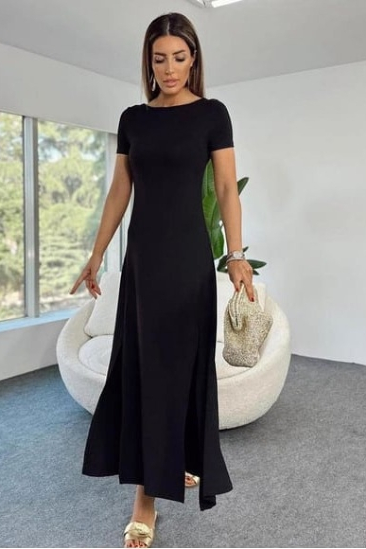 Women's Short Sleeve Back Neckline Slit Detailed Viscose Dress - Black