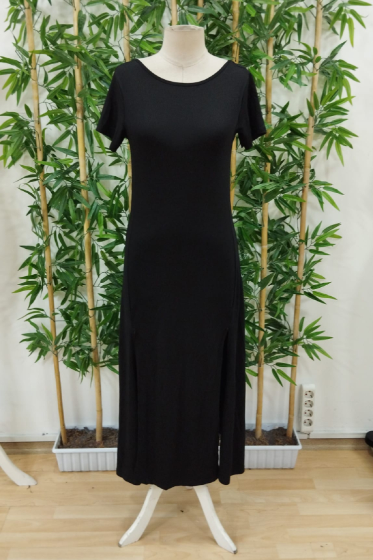 Women's Short Sleeve Back Neckline Slit Detailed Viscose Dress - Black