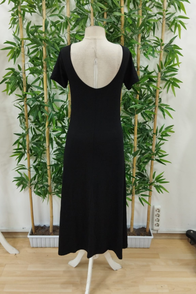 Women's Short Sleeve Back Neckline Slit Detailed Viscose Dress - Black