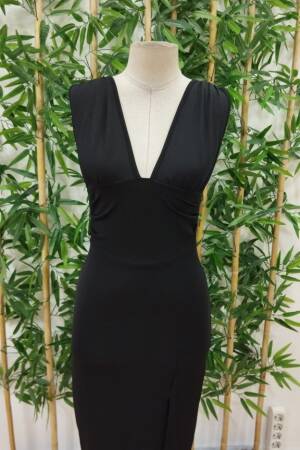 Women's Strappy Deep V Neck Slit Janjan Crepe Dress - Black - Janes - Globality Store - Women Clothes Wholesale Turkey
