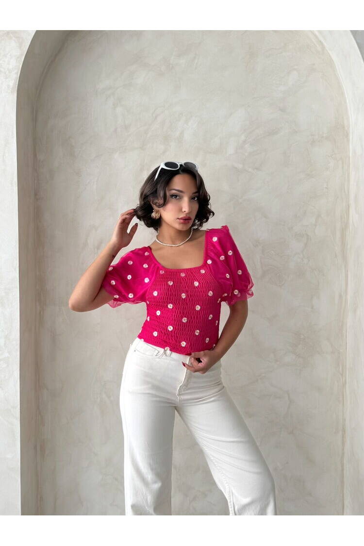 Gipe Detailed Patterned Chiffon Wholesale Blouse