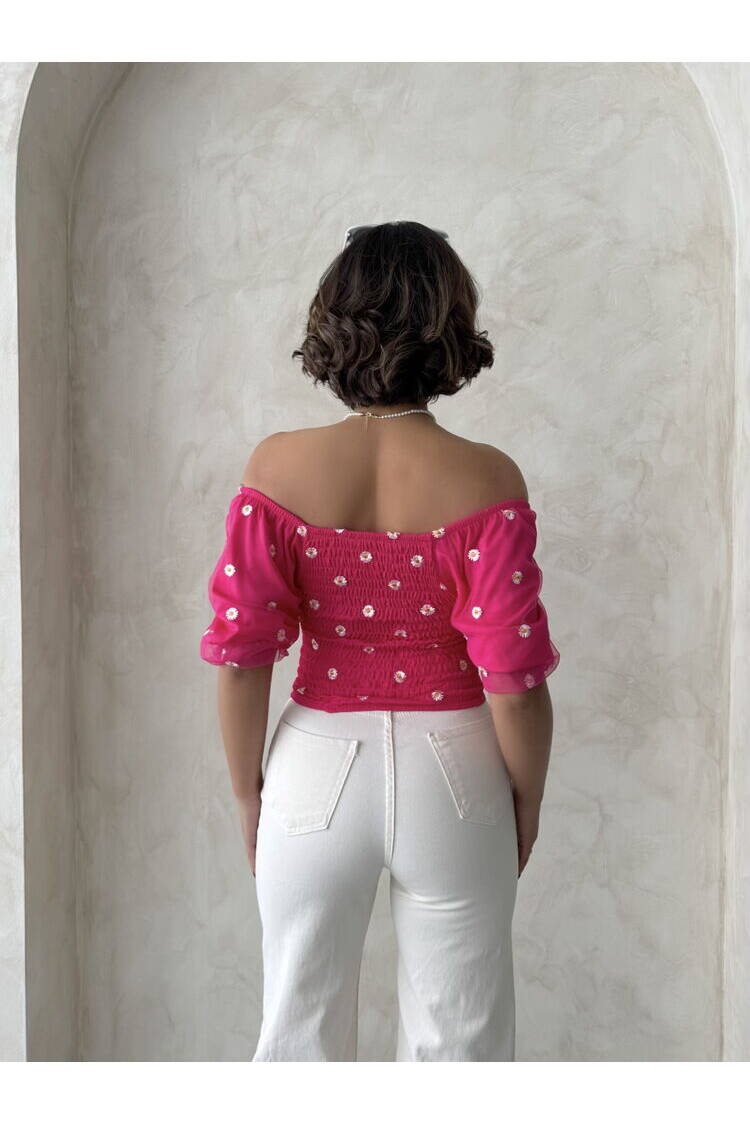 Gipe Detailed Patterned Chiffon Wholesale Blouse