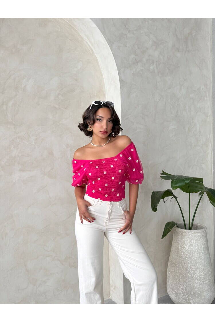 Gipe Detailed Patterned Chiffon Wholesale Blouse