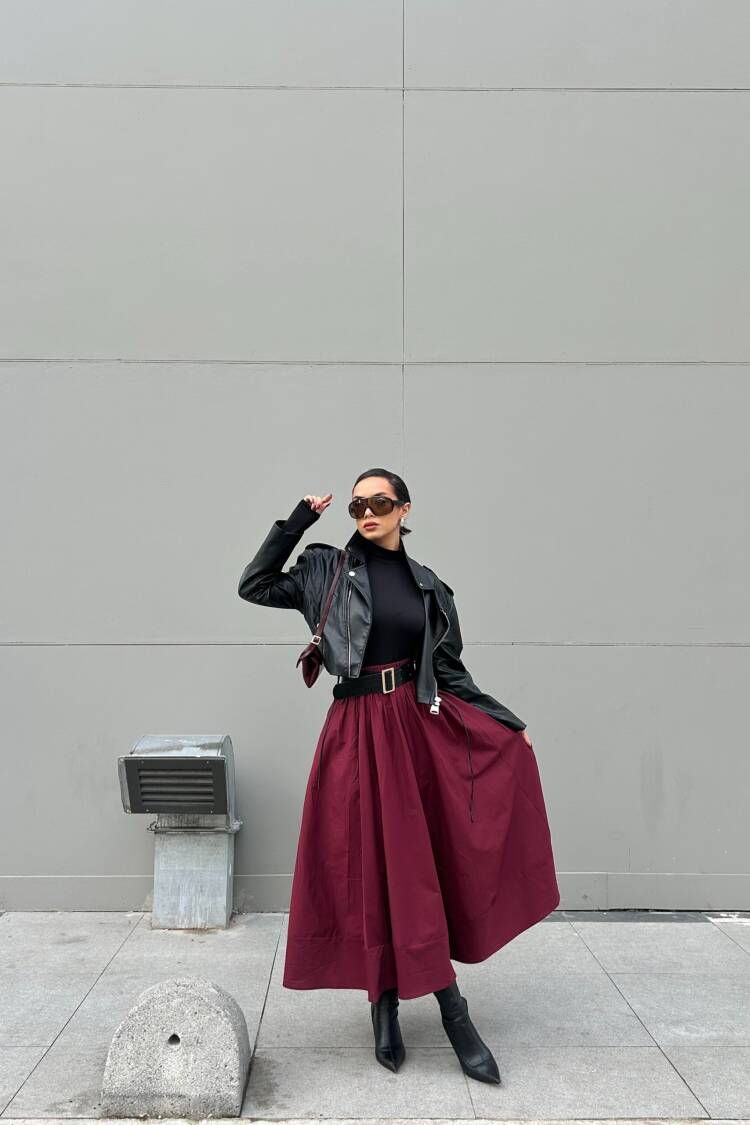 Burgundy Poplin Elastic Waist Long Skirt 27321 - First Angels - Globality Store - Women Clothes Wholesale Turkey