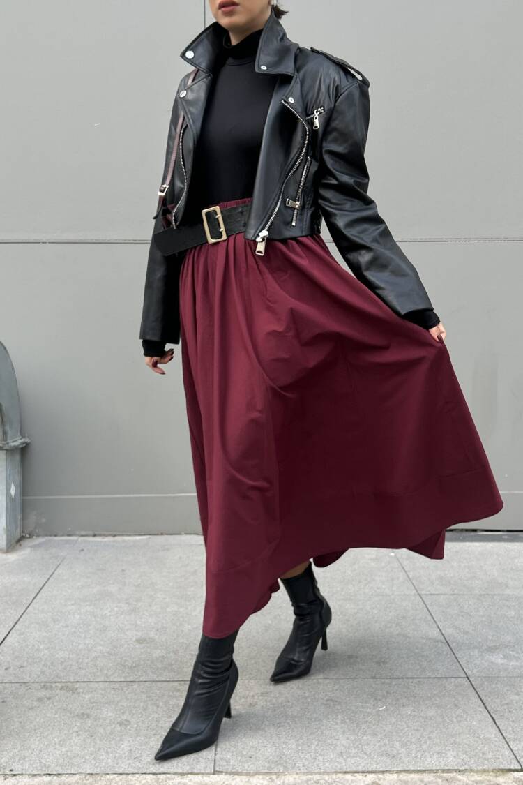 Burgundy Poplin Elastic Waist Long Skirt 27321
