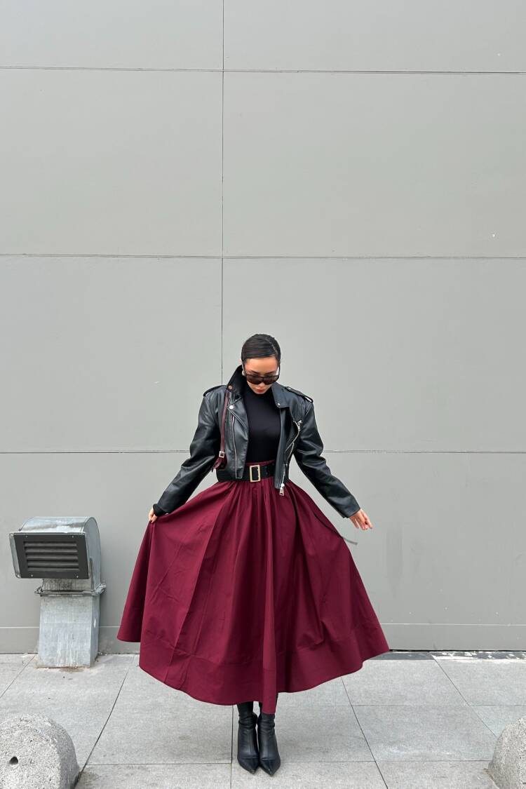 Burgundy Poplin Elastic Waist Long Skirt 27321