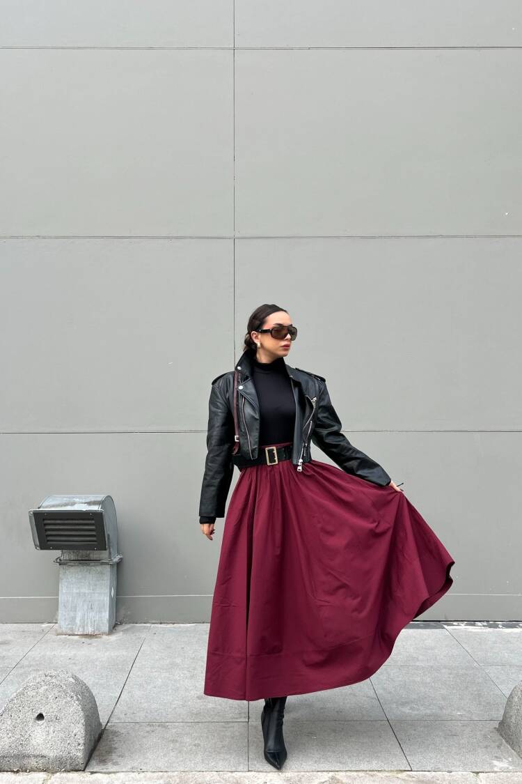 Burgundy Poplin Elastic Waist Long Skirt 27321