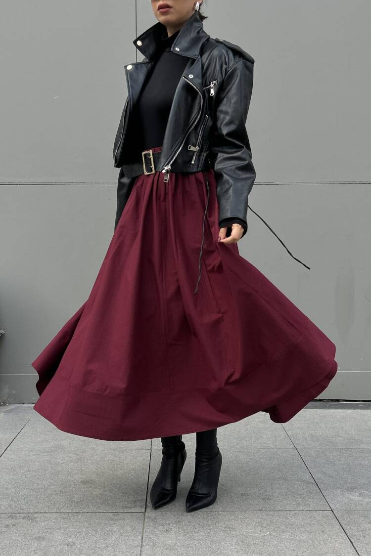 Burgundy Poplin Elastic Waist Long Skirt 27321