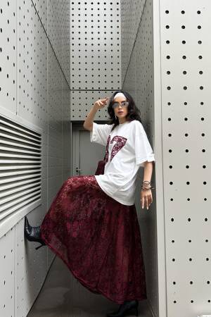 Burgundy Unlined Lace Skirt 29056 - First Angels - Globality Store - Women Clothes Wholesale Turkey