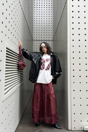 Burgundy Unlined Lace Skirt 29056 - First Angels - Globality Store - Women Clothes Wholesale Turkey