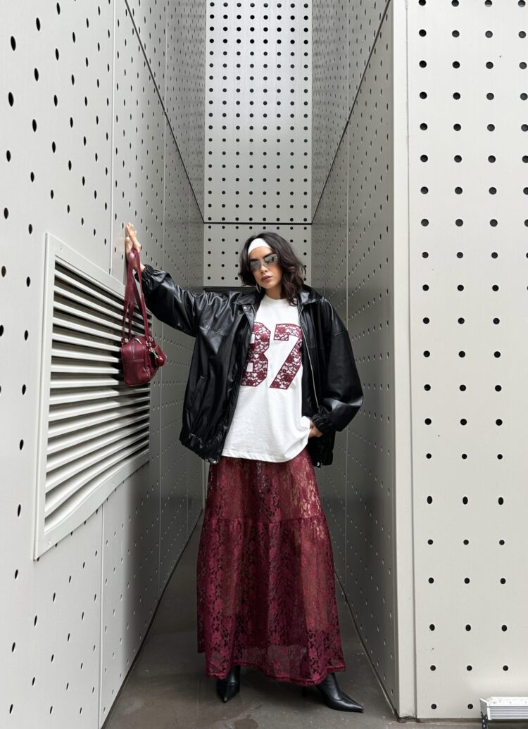 Burgundy Unlined Lace Skirt 29056