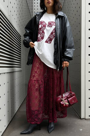 Burgundy Unlined Lace Skirt 29056 - First Angels - Globality Store - Women Clothes Wholesale Turkey