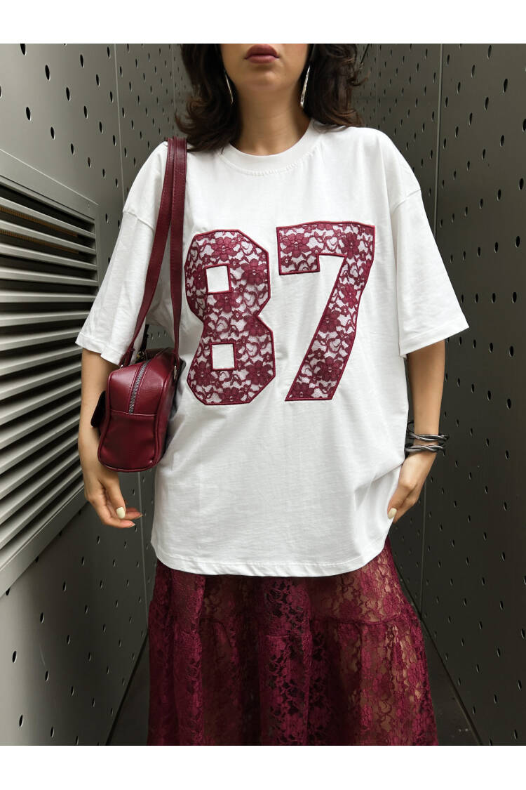 Burgundy Lace Embroidered Oversize T-shirt 29055 - First Angels - Globality Store - Women Clothes Wholesale Turkey
