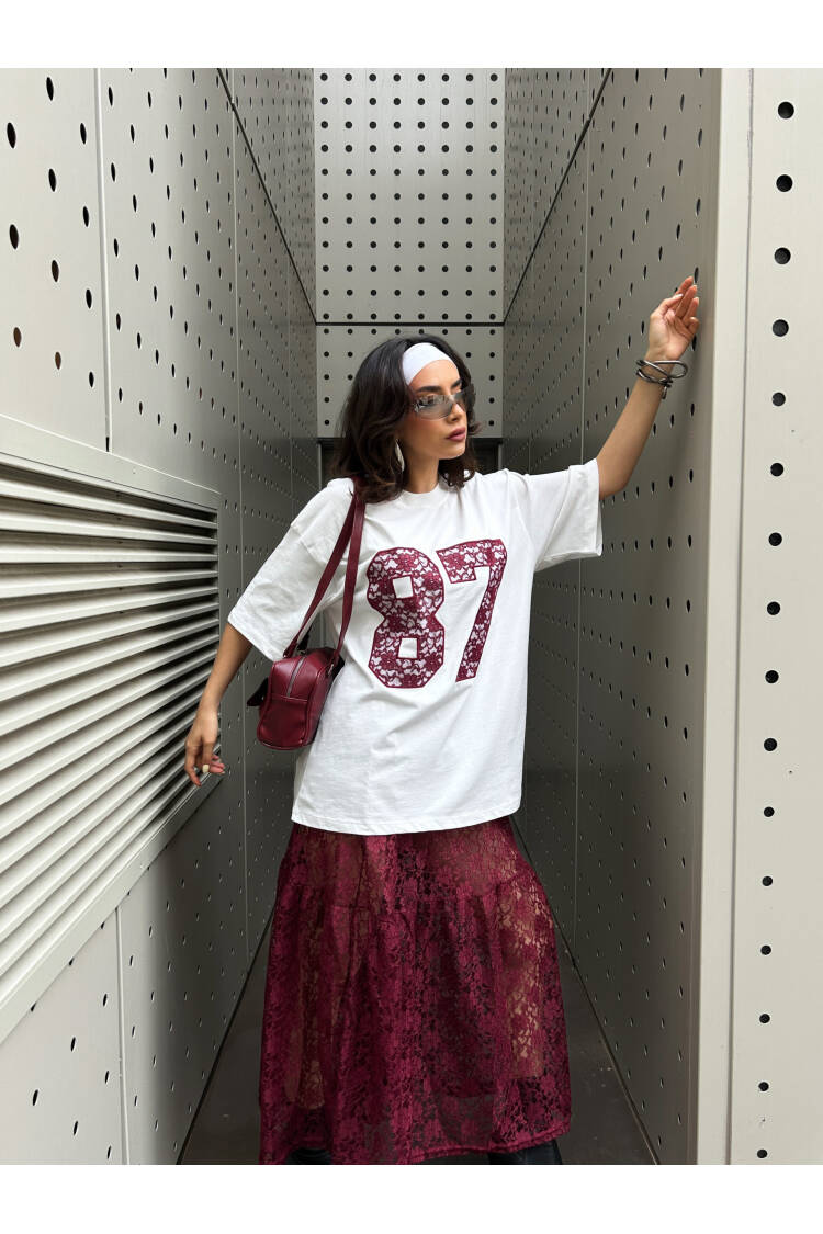 Burgundy Lace Embroidered Oversize T-shirt 29055
