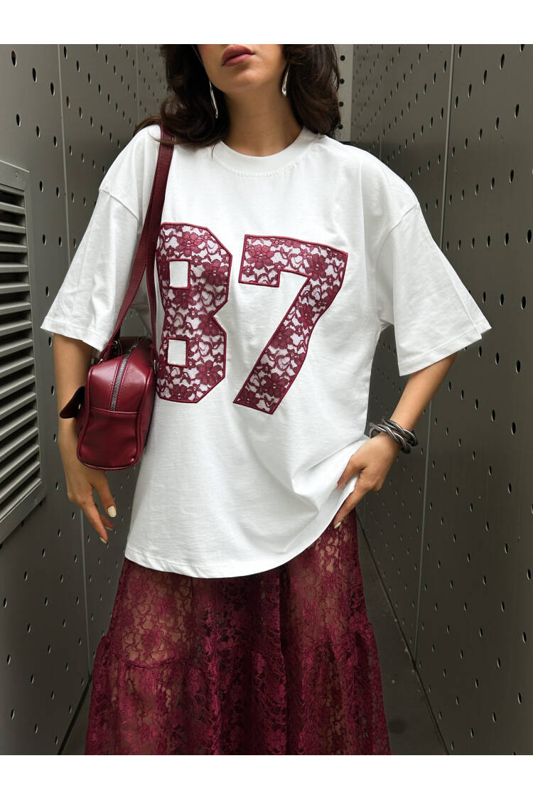 Burgundy Lace Embroidered Oversize T-shirt 29055
