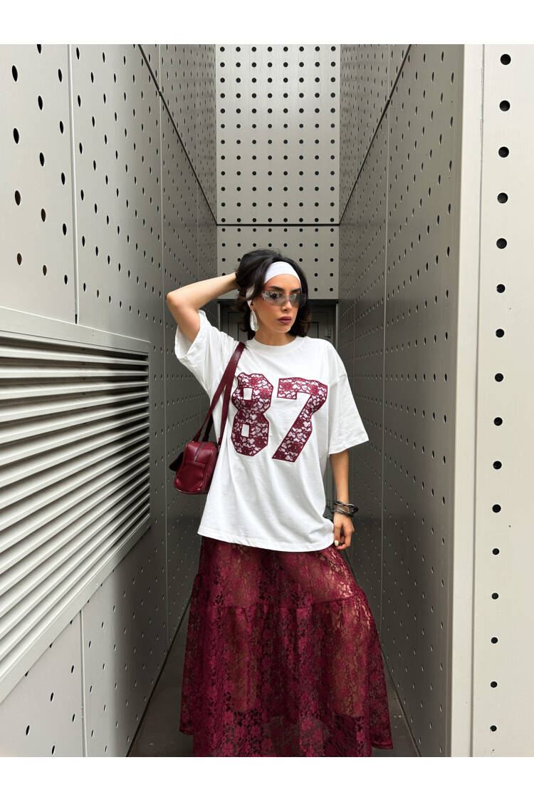 Burgundy Lace Embroidered Oversize T-shirt 29055