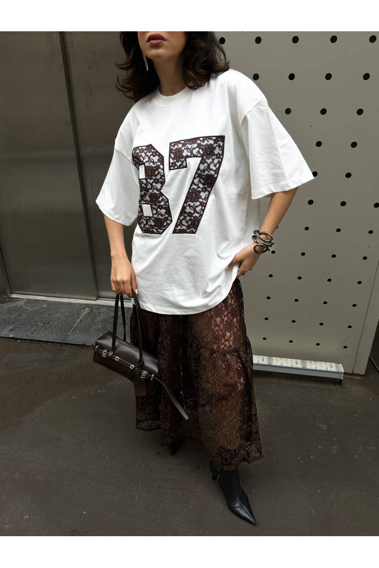 Coffee Lace Embroidered Oversize T-shirt 29055 - First Angels - Globality Store - Women Clothes Wholesale Turkey