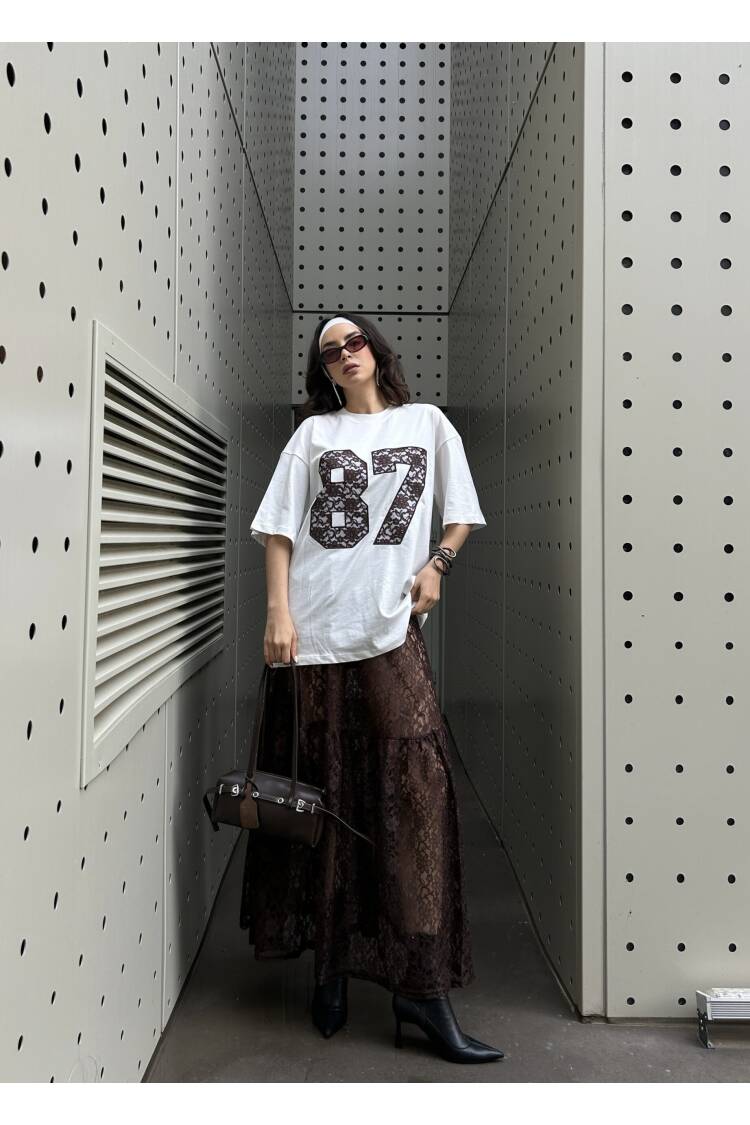 Coffee Lace Embroidered Oversize T-shirt 29055