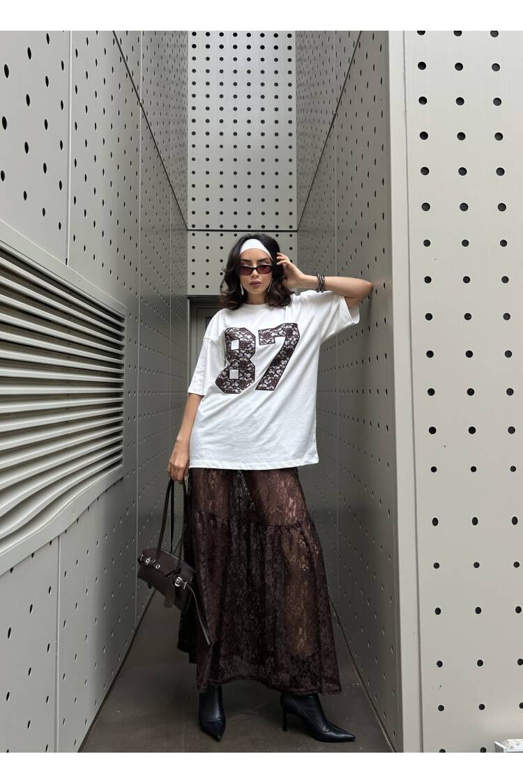 Coffee Lace Embroidered Oversize T-shirt 29055
