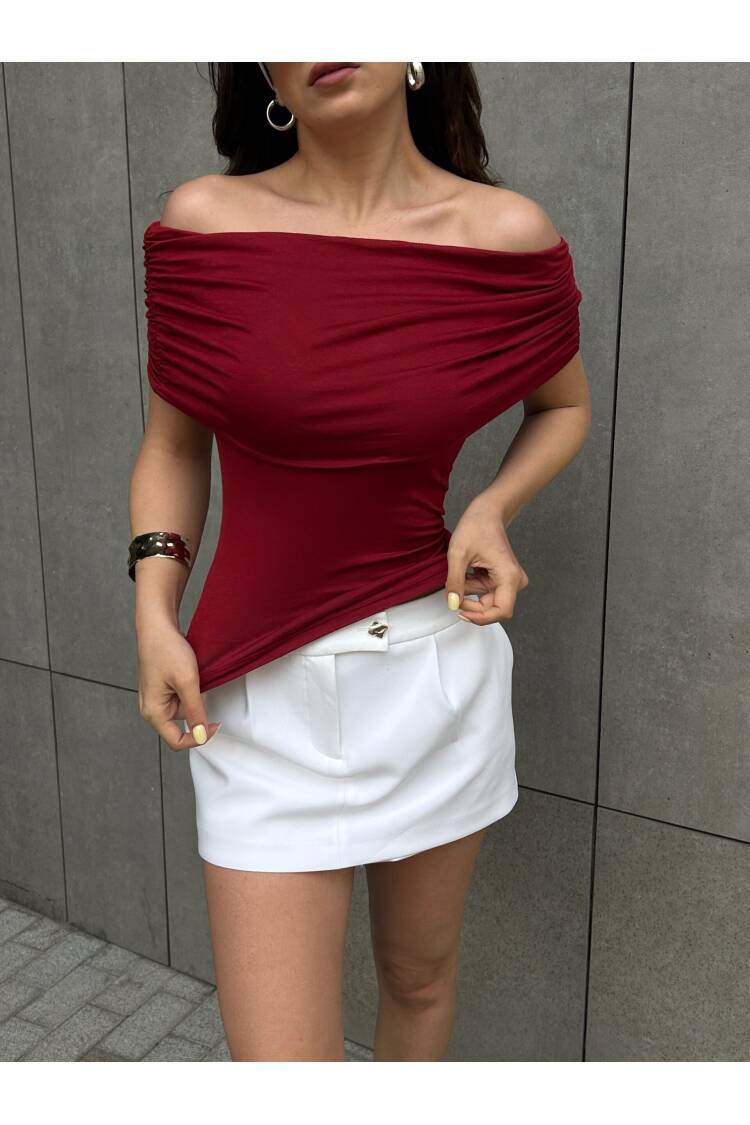 Burgundy Madonna Collar Lycra Viscose Short Sleeve Blouse 29124